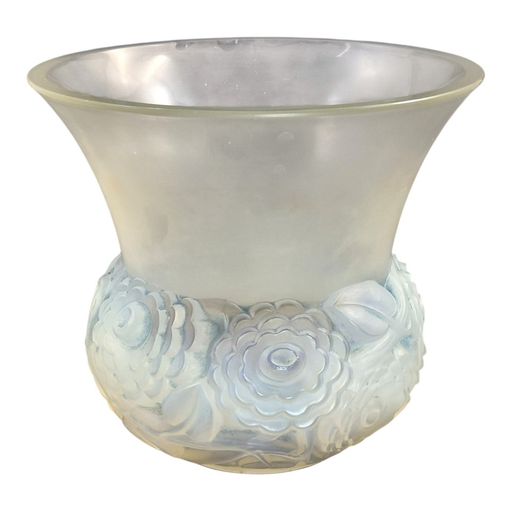 A French opalescent glass vase featuring a flared frosted neck and a rounded base carved with raised ranunculus floral motifs. View VI