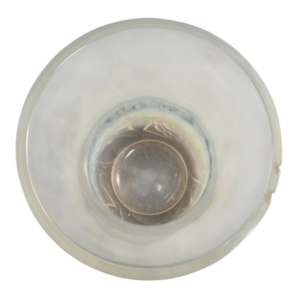A French opalescent glass vase featuring a flared frosted neck and a rounded base carved with raised ranunculus floral motifs. View VIII