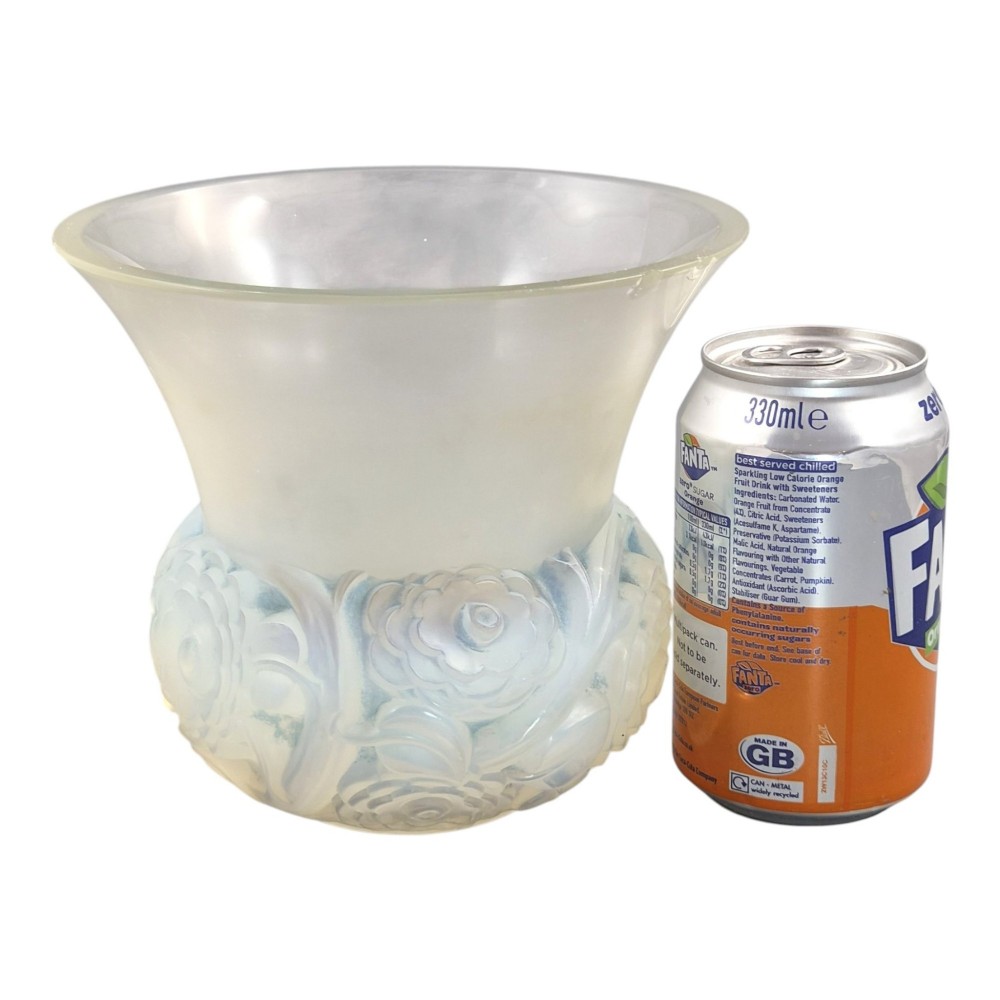A French opalescent glass vase featuring a flared frosted neck and a rounded base carved with raised ranunculus floral motifs. View XI
