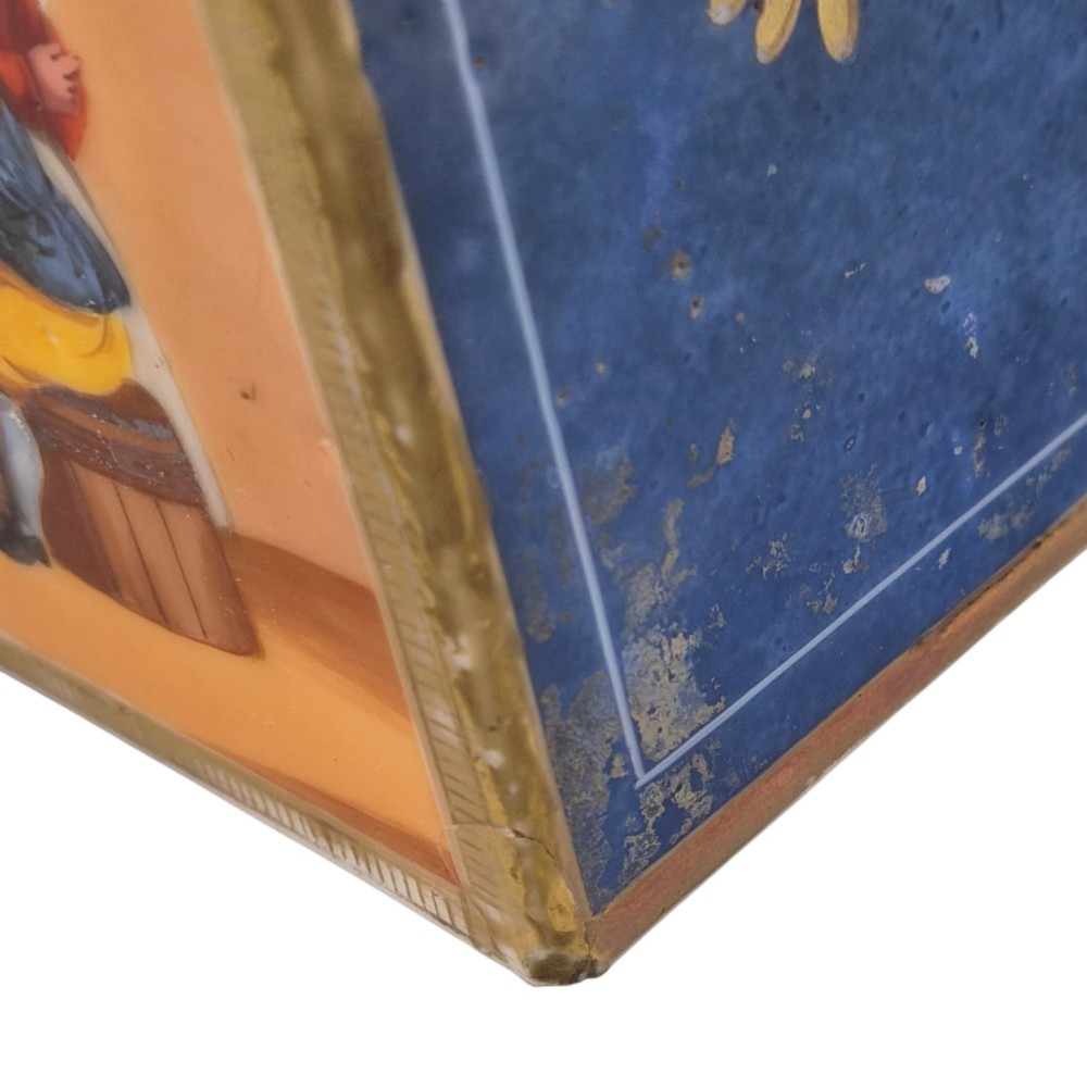 A pair of square 19th-century French porcelain perfume bottles featuring cobalt blue tops, gilded necks, and hand-painted genre scenes of figures in tavern settings. View XII