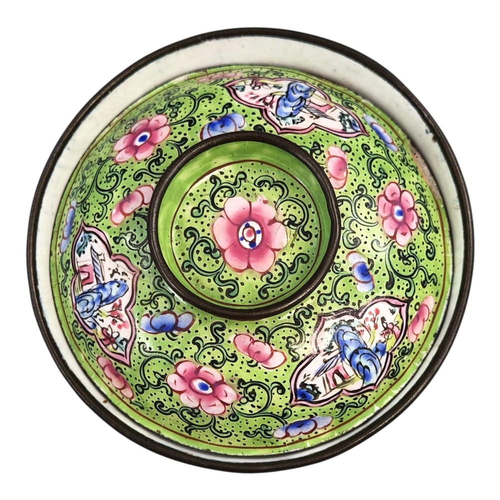 A Chinese Canton enamel gaiwan featuring a green ground with pink floral scrolls and landscape cartouches, complete with lid and matching saucer. View IX