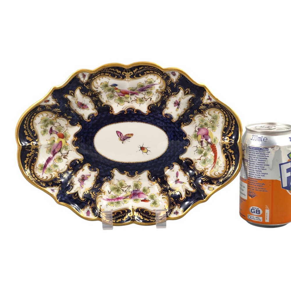 An oval scalloped porcelain dessert dish featuring a deep blue scale ground pattern with gilt-framed reserves containing hand-painted exotic birds and insects. View II