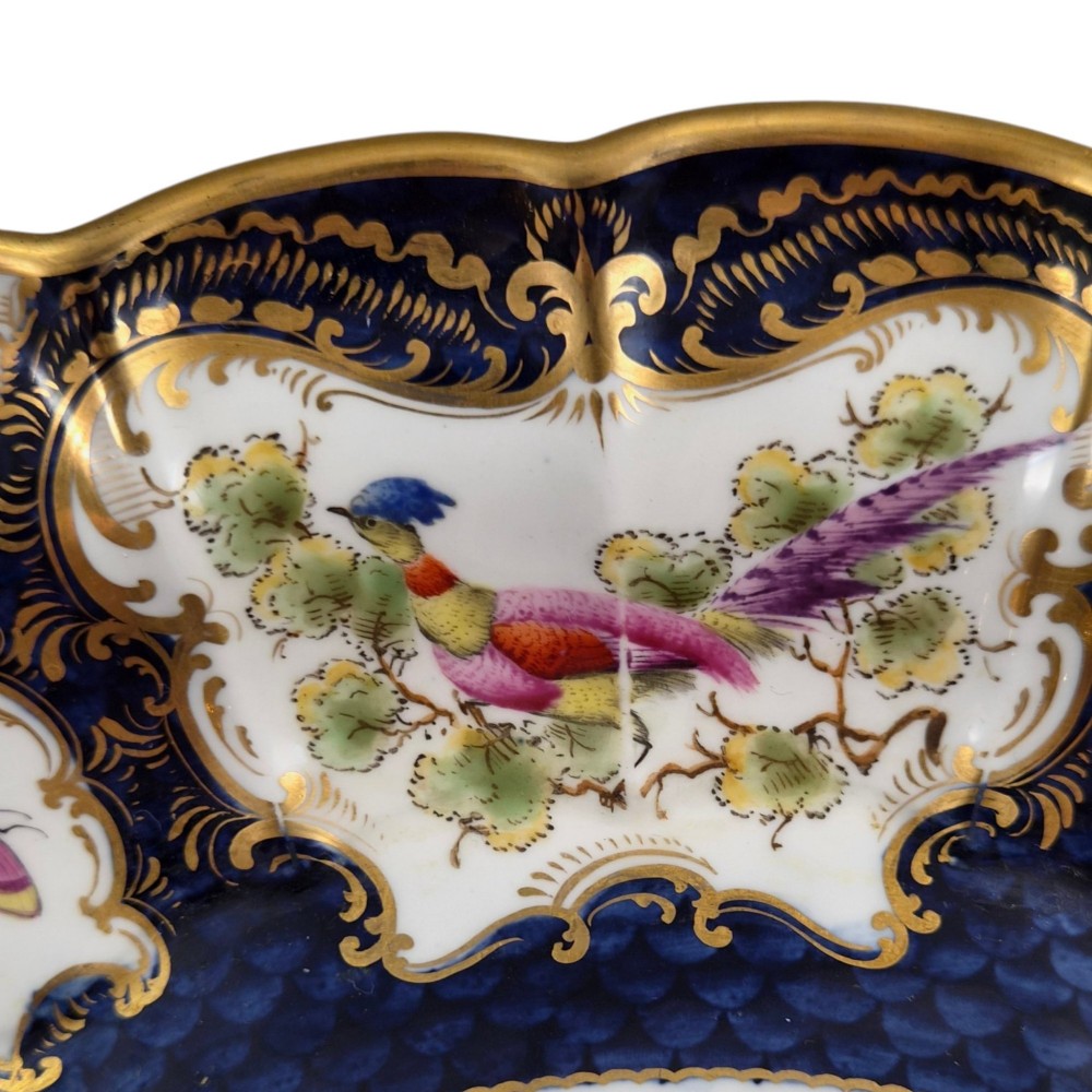 An oval scalloped porcelain dessert dish featuring a deep blue scale ground pattern with gilt-framed reserves containing hand-painted exotic birds and insects. View X