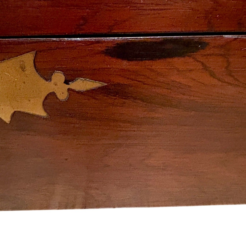 An open Victorian mahogany writing slope featuring flush brass corner bindings, internal pen compartments, and a green gilt-tooled leather writing surface. View XII