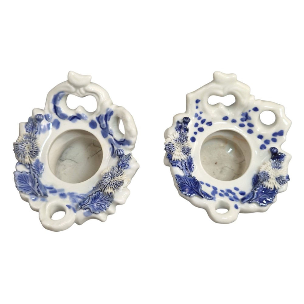 A pair of Japanese Hirado porcelain inkwells featuring fluted bases, underglaze blue decoration, and three-dimensional chrysanthemum motifs on the lids. View VIII