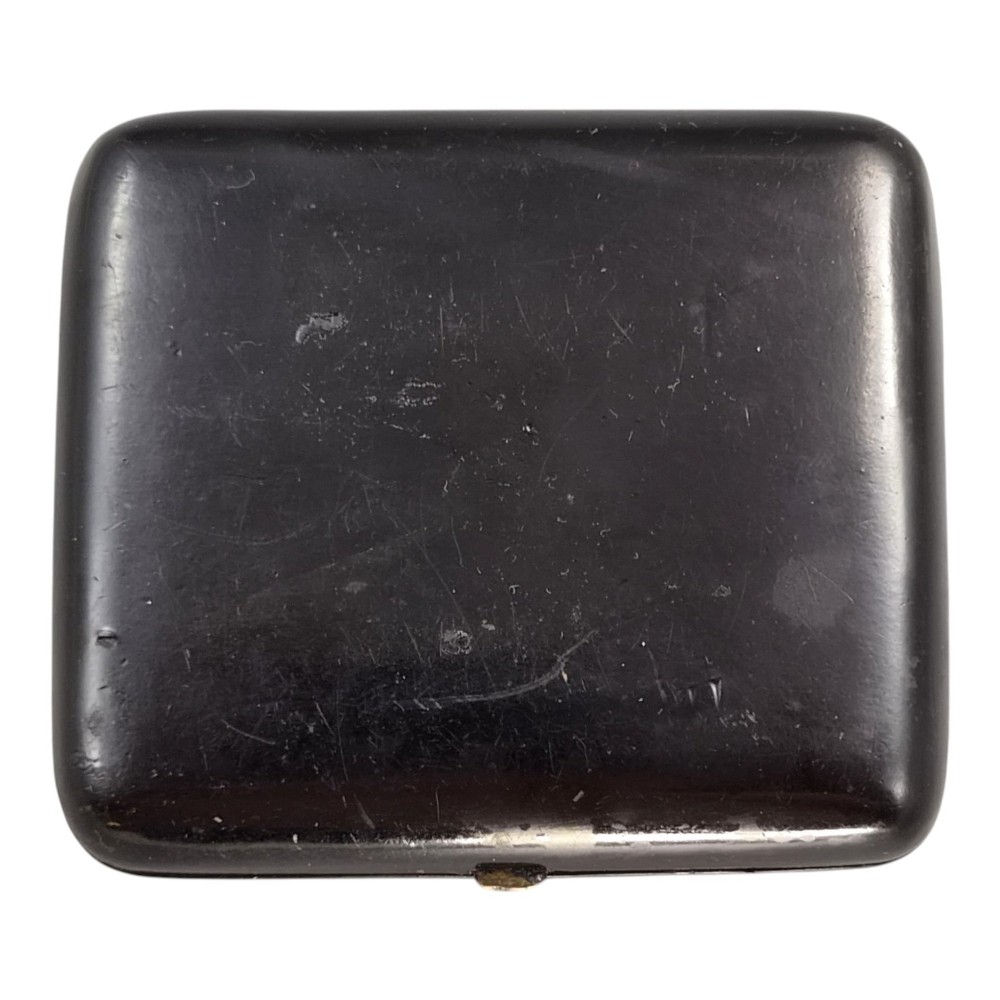 A rectangular 19th-century Russian lacquer cigarette case featuring a hand-painted scene of three horses pulling a sleigh across a snowy landscape on a gold background. View IV