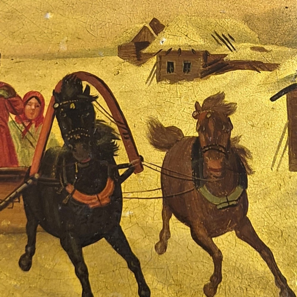 A rectangular 19th-century Russian lacquer cigarette case featuring a hand-painted scene of three horses pulling a sleigh across a snowy landscape on a gold background. View XIII