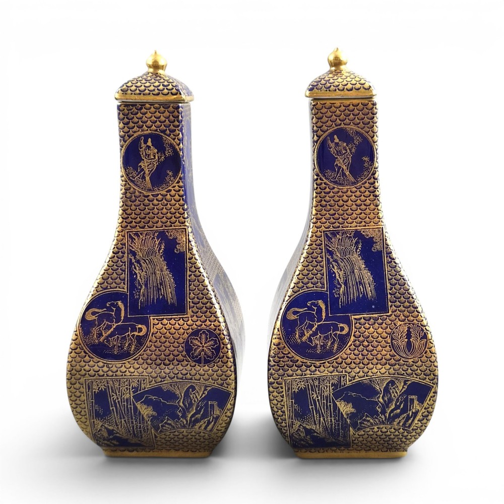 Pair of rectangular-sectioned Masons Patent Ironstone covered vases decorated in cobalt mazarine blue glaze with gilded fishscale pattern and oriental vignettes.