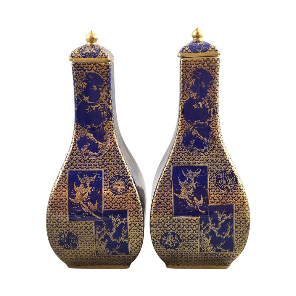 Pair of rectangular-sectioned Masons Patent Ironstone covered vases decorated in cobalt mazarine blue glaze with gilded fishscale pattern and oriental vignettes. View II