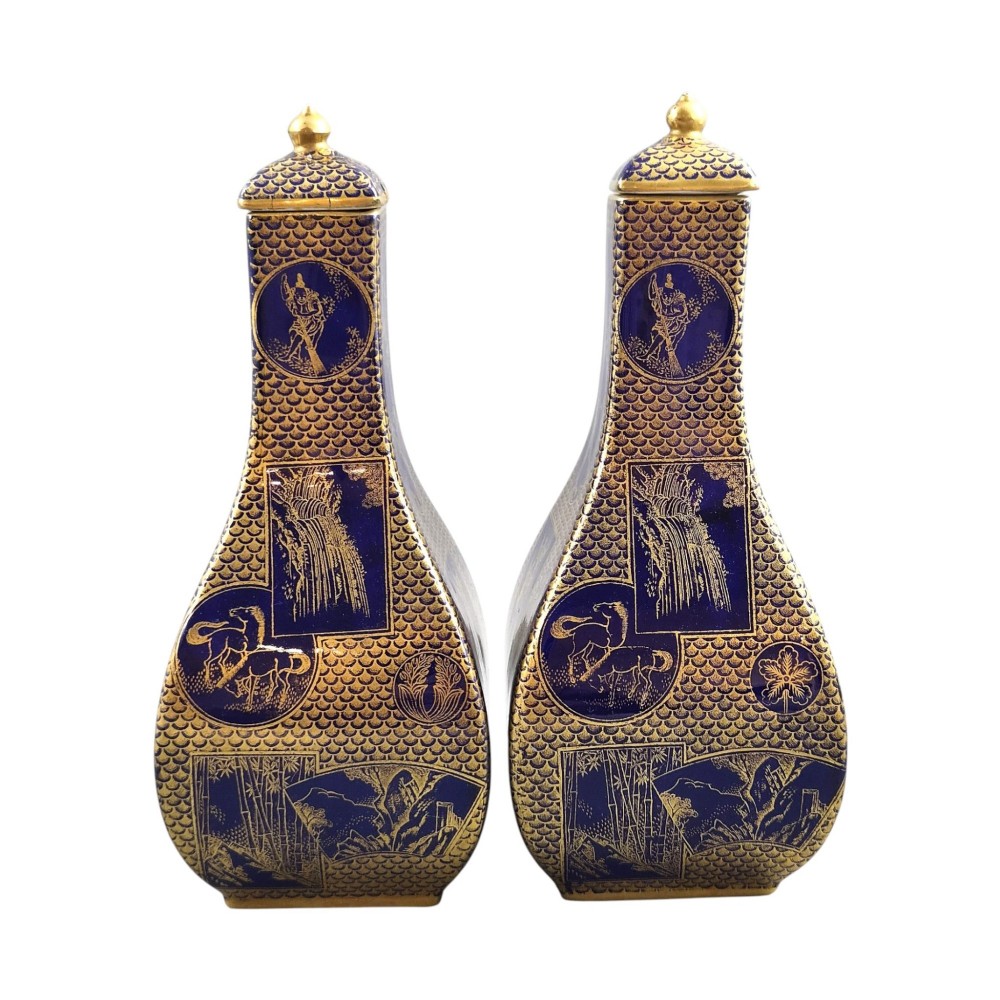 Pair of rectangular-sectioned Masons Patent Ironstone covered vases decorated in cobalt mazarine blue glaze with gilded fishscale pattern and oriental vignettes. View III