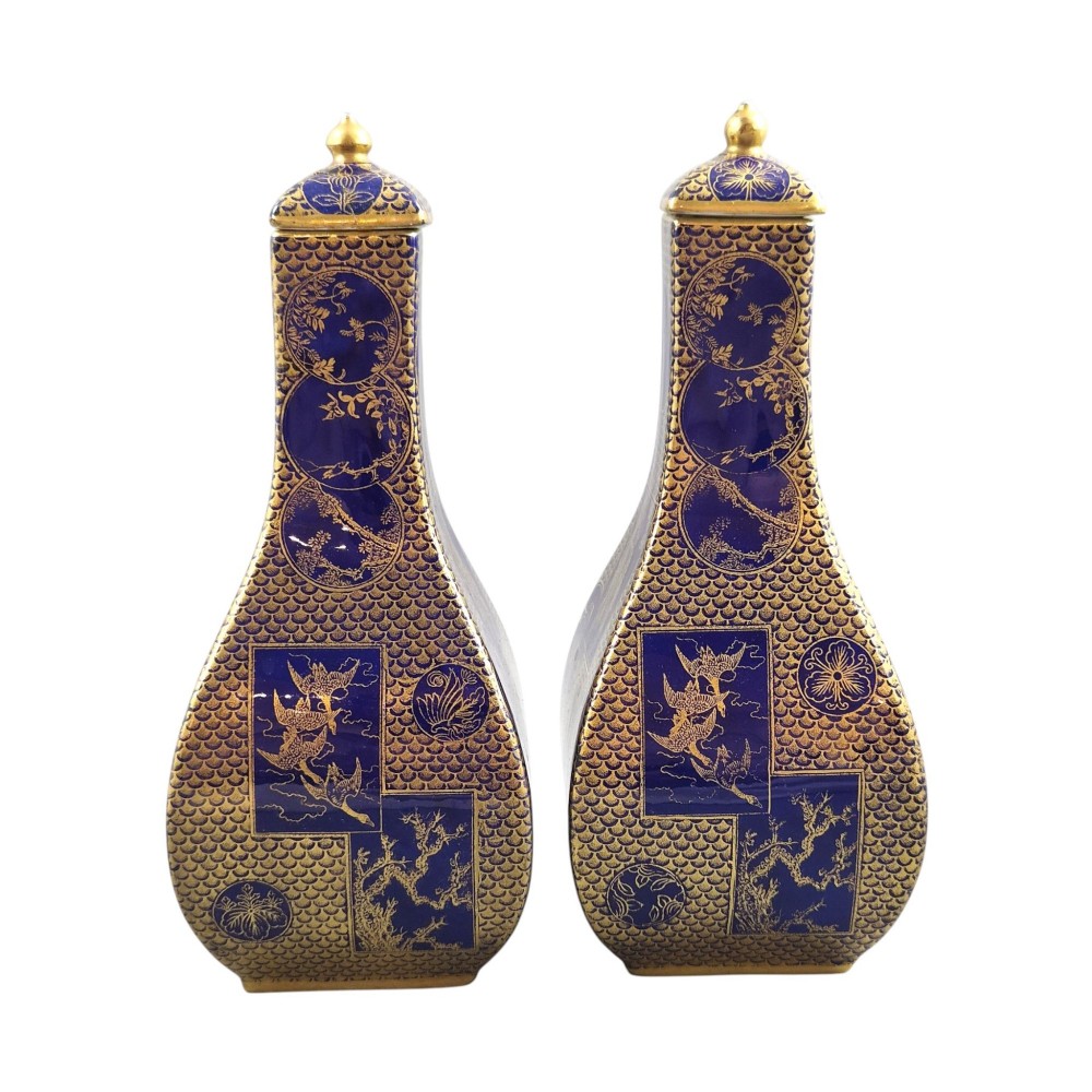 Pair of rectangular-sectioned Masons Patent Ironstone covered vases decorated in cobalt mazarine blue glaze with gilded fishscale pattern and oriental vignettes. View IV