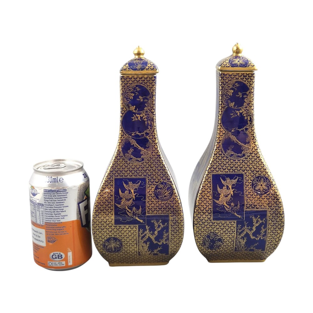 Pair of rectangular-sectioned Masons Patent Ironstone covered vases decorated in cobalt mazarine blue glaze with gilded fishscale pattern and oriental vignettes. View V