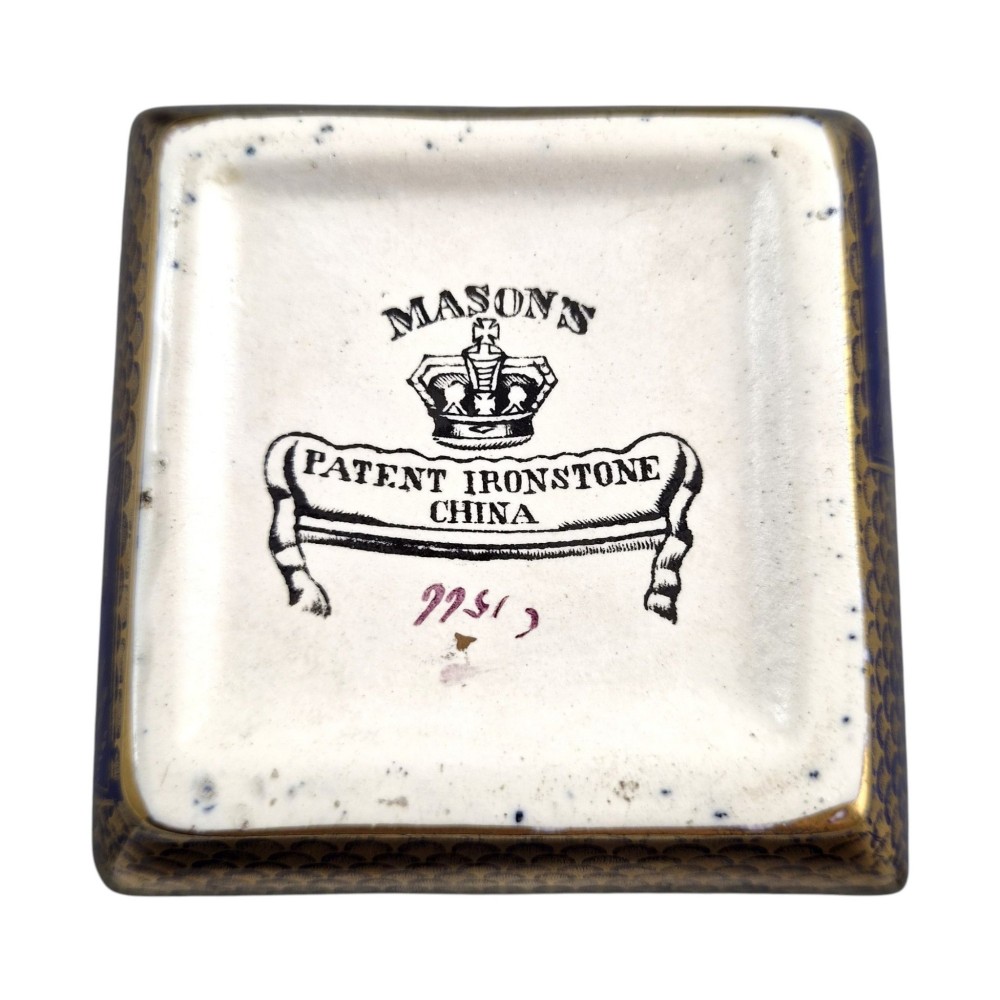 Pair of rectangular-sectioned Masons Patent Ironstone covered vases decorated in cobalt mazarine blue glaze with gilded fishscale pattern and oriental vignettes. View VIII