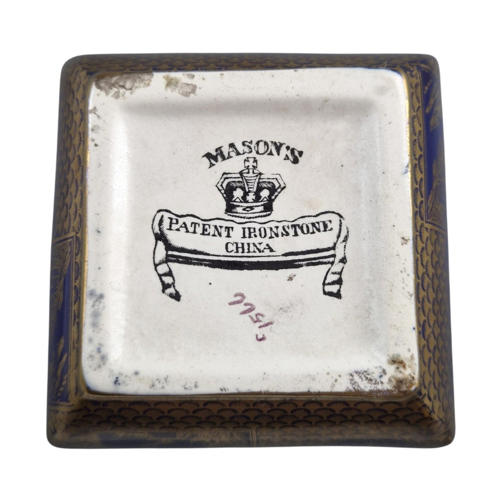 Pair of rectangular-sectioned Masons Patent Ironstone covered vases decorated in cobalt mazarine blue glaze with gilded fishscale pattern and oriental vignettes. View XII