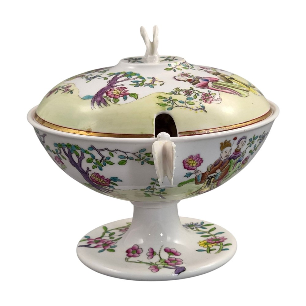 A Regency Spode felspar porcelain covered pedestal bowl with hand-painted chinoiserie figures, floral motifs, sculpted butterfly handles, and gilded rims. View II