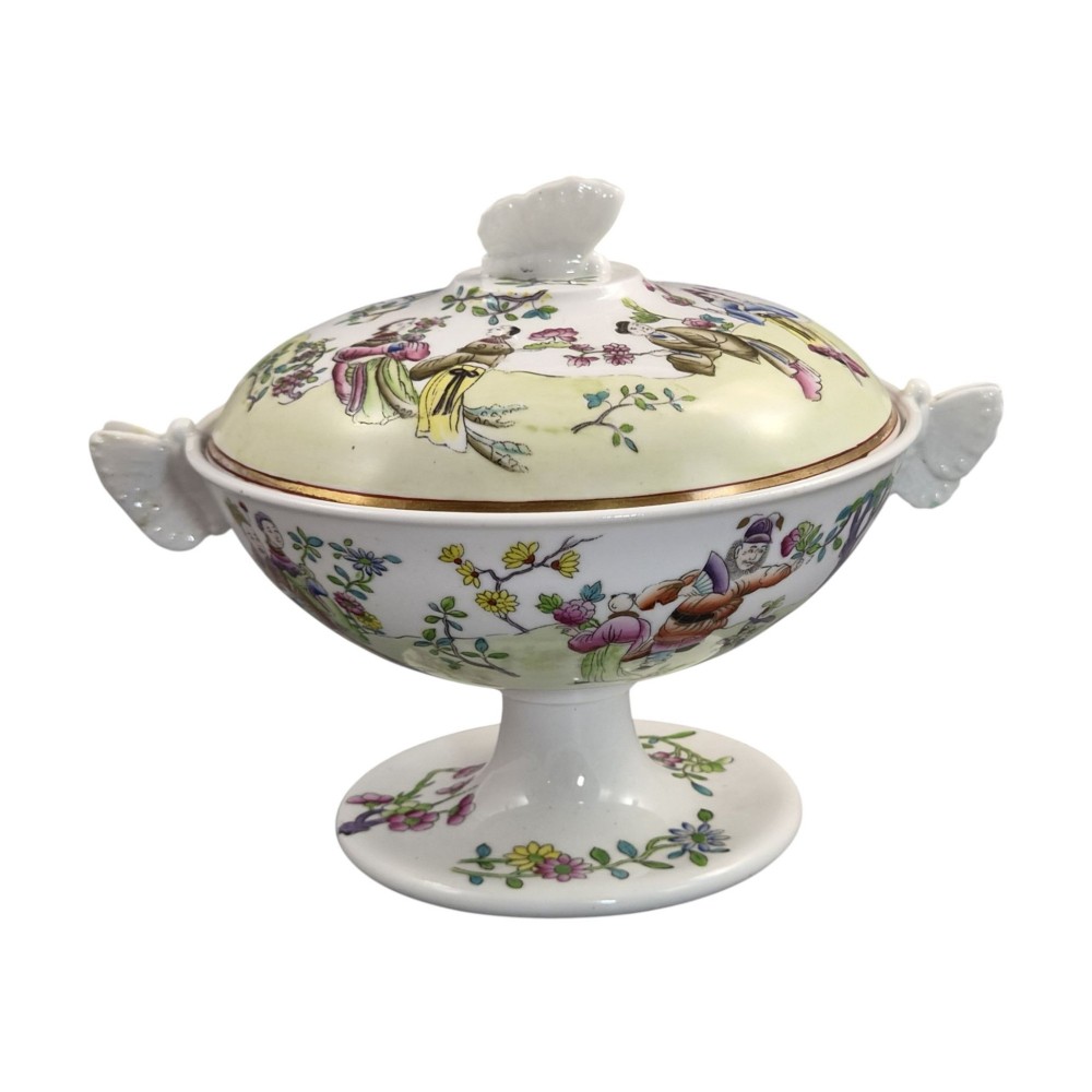 A Regency Spode felspar porcelain covered pedestal bowl with hand-painted chinoiserie figures, floral motifs, sculpted butterfly handles, and gilded rims. View III