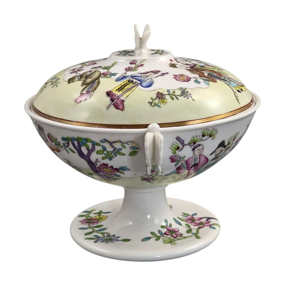 A Regency Spode felspar porcelain covered pedestal bowl with hand-painted chinoiserie figures, floral motifs, sculpted butterfly handles, and gilded rims. View IV