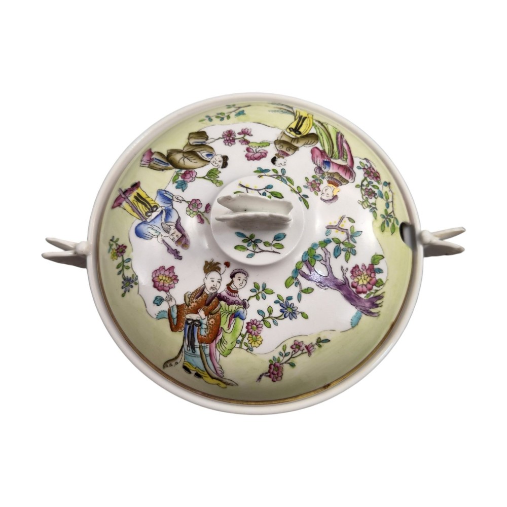 A Regency Spode felspar porcelain covered pedestal bowl with hand-painted chinoiserie figures, floral motifs, sculpted butterfly handles, and gilded rims. View V