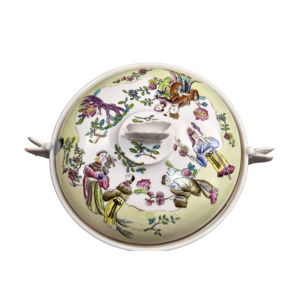 A Regency Spode felspar porcelain covered pedestal bowl with hand-painted chinoiserie figures, floral motifs, sculpted butterfly handles, and gilded rims. View VI