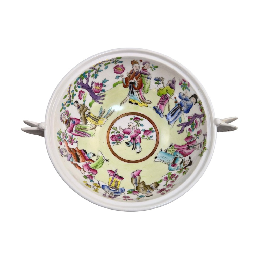 A Regency Spode felspar porcelain covered pedestal bowl with hand-painted chinoiserie figures, floral motifs, sculpted butterfly handles, and gilded rims. View VII