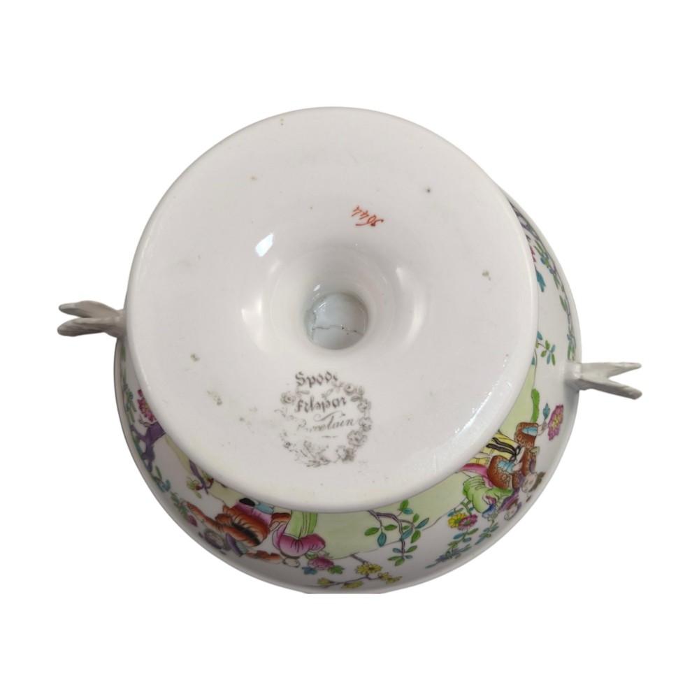 A Regency Spode felspar porcelain covered pedestal bowl with hand-painted chinoiserie figures, floral motifs, sculpted butterfly handles, and gilded rims. View VIII