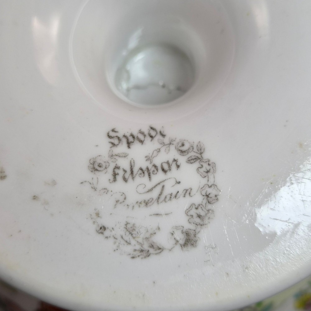 A Regency Spode felspar porcelain covered pedestal bowl with hand-painted chinoiserie figures, floral motifs, sculpted butterfly handles, and gilded rims. View IX