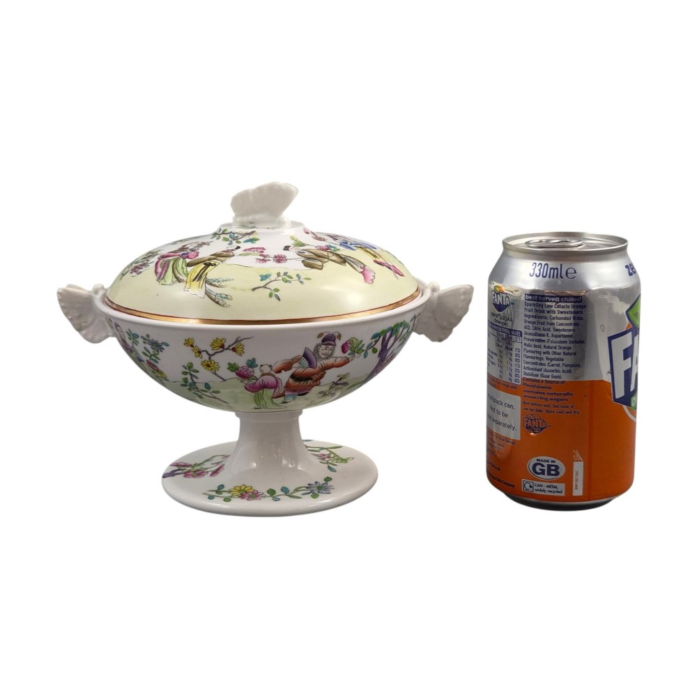 A Regency Spode felspar porcelain covered pedestal bowl with hand-painted chinoiserie figures, floral motifs, sculpted butterfly handles, and gilded rims. View XI