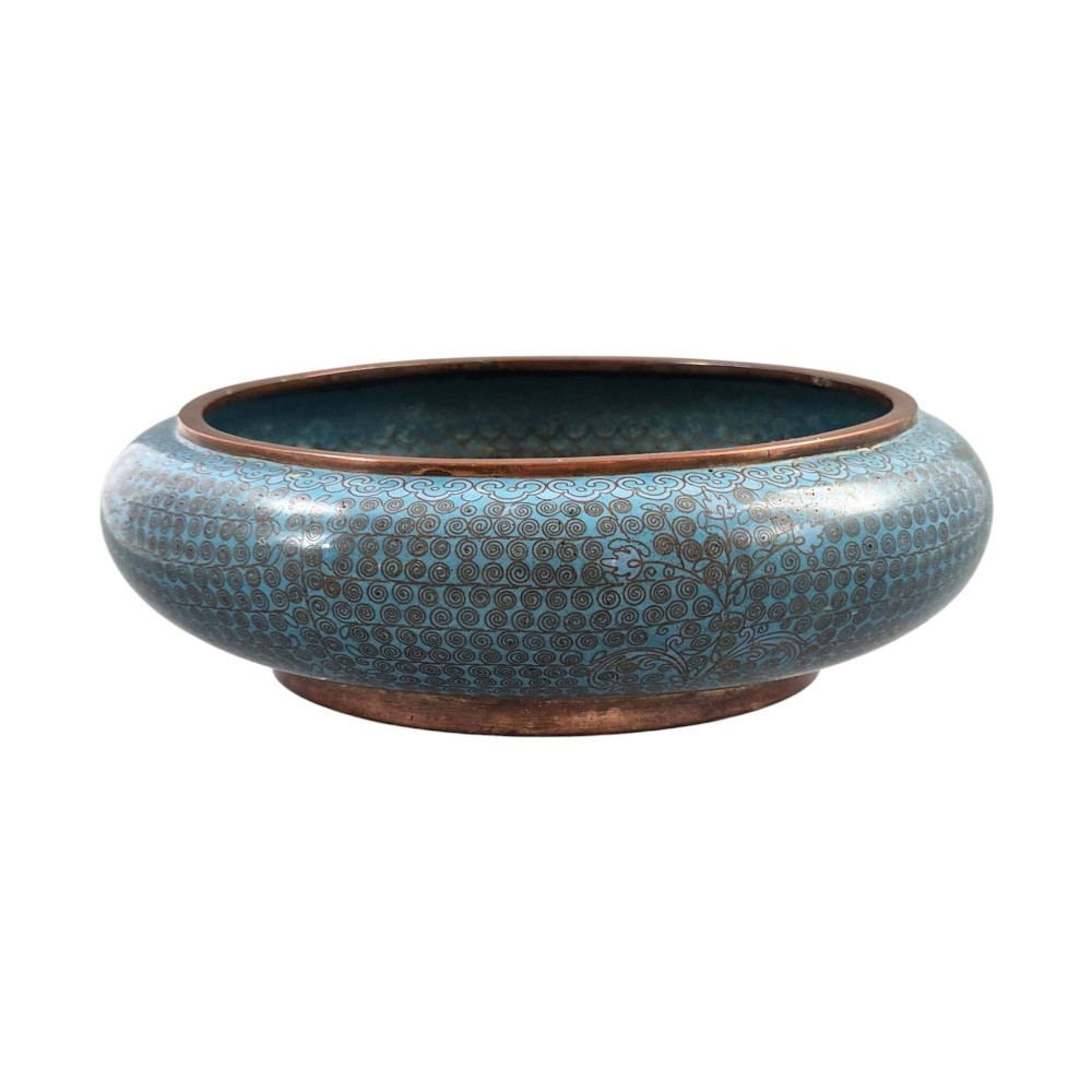 A low, rounded Chinese cloisonne enamel scholars brush washer featuring intricate wire scroll motifs on a turquoise blue ground with exposed metal rims. View II