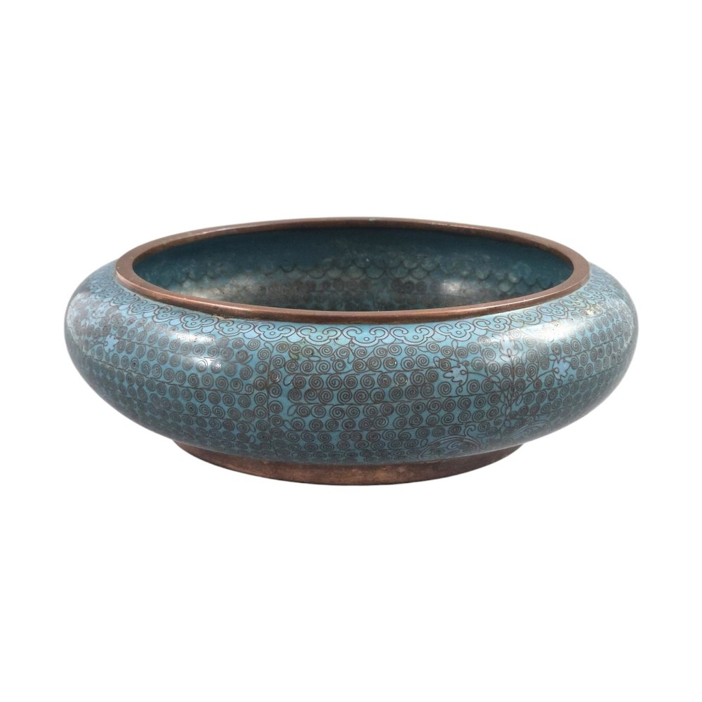 A low, rounded Chinese cloisonne enamel scholars brush washer featuring intricate wire scroll motifs on a turquoise blue ground with exposed metal rims. View III