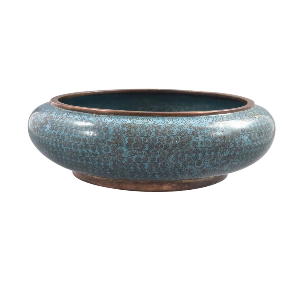 A low, rounded Chinese cloisonne enamel scholars brush washer featuring intricate wire scroll motifs on a turquoise blue ground with exposed metal rims. View IV