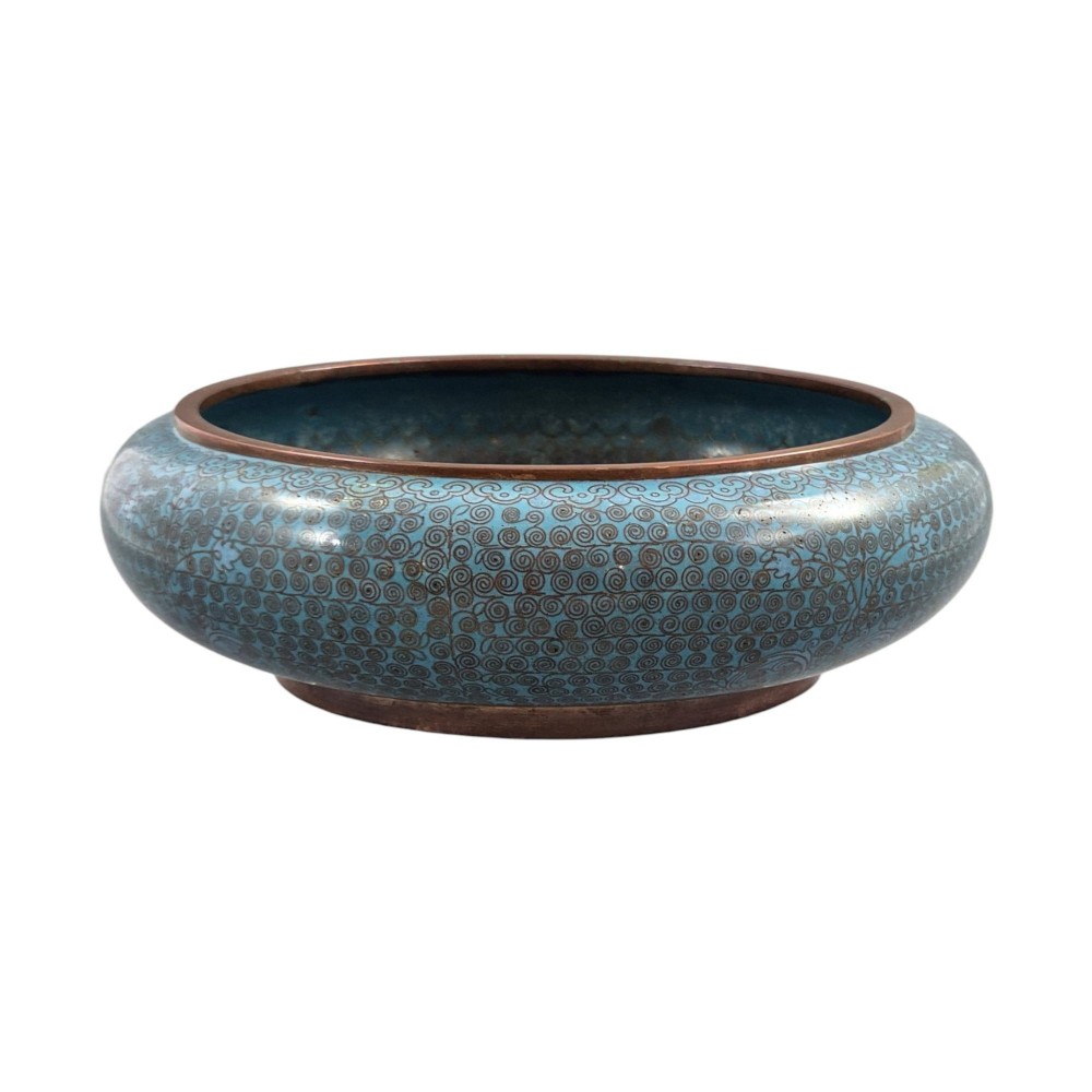 A low, rounded Chinese cloisonne enamel scholars brush washer featuring intricate wire scroll motifs on a turquoise blue ground with exposed metal rims. View V