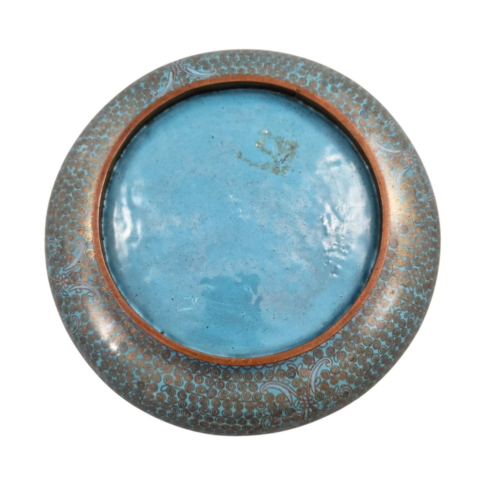 A low, rounded Chinese cloisonne enamel scholars brush washer featuring intricate wire scroll motifs on a turquoise blue ground with exposed metal rims. View VII