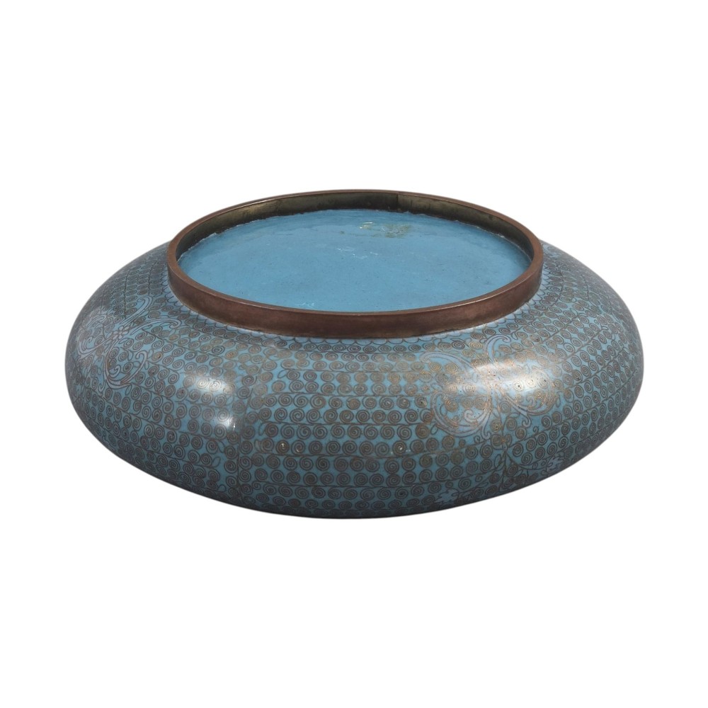 A low, rounded Chinese cloisonne enamel scholars brush washer featuring intricate wire scroll motifs on a turquoise blue ground with exposed metal rims. View VIII