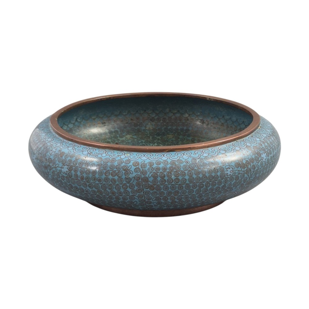 A low, rounded Chinese cloisonne enamel scholars brush washer featuring intricate wire scroll motifs on a turquoise blue ground with exposed metal rims. View IX