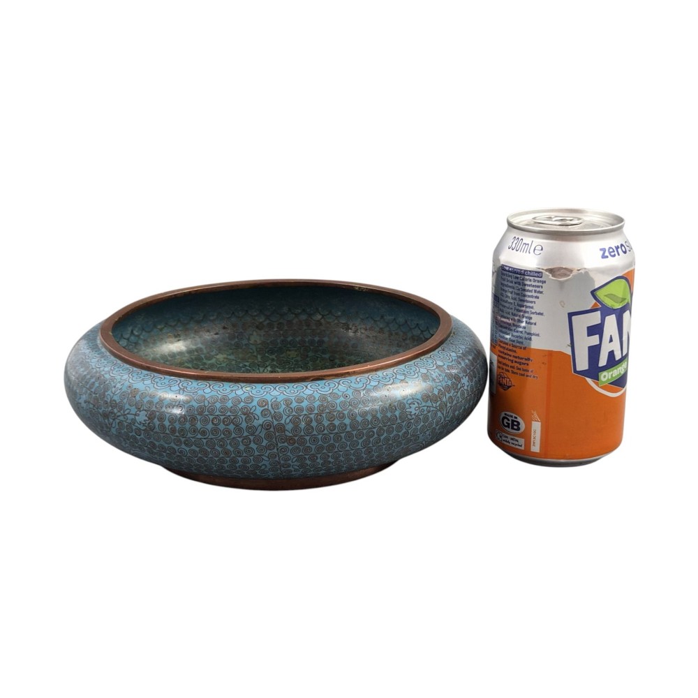 A low, rounded Chinese cloisonne enamel scholars brush washer featuring intricate wire scroll motifs on a turquoise blue ground with exposed metal rims. View XI