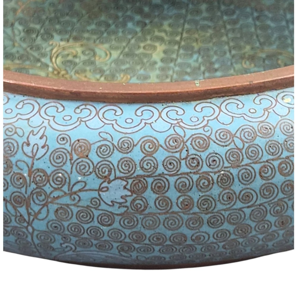 A low, rounded Chinese cloisonne enamel scholars brush washer featuring intricate wire scroll motifs on a turquoise blue ground with exposed metal rims. View XII