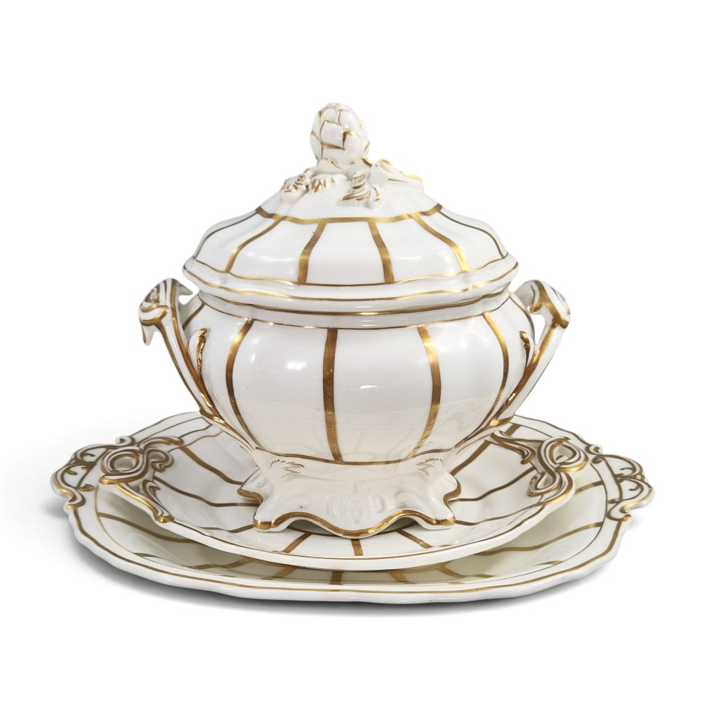 A Victorian Davenport bone china sauce tureen with lid and undertray, decorated with white glaze, gilded radial stripes, and an artichoke finial.