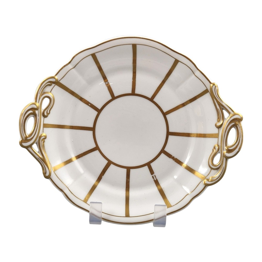 A Victorian Davenport bone china sauce tureen with lid and undertray, decorated with white glaze, gilded radial stripes, and an artichoke finial. View V