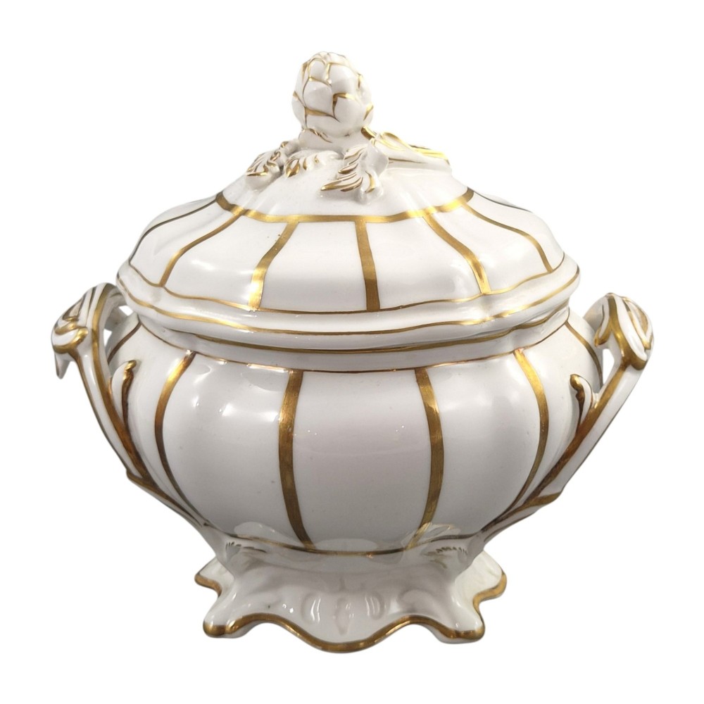 A Victorian Davenport bone china sauce tureen with lid and undertray, decorated with white glaze, gilded radial stripes, and an artichoke finial. View VII