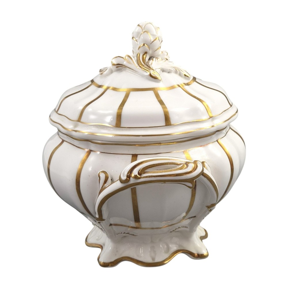 A Victorian Davenport bone china sauce tureen with lid and undertray, decorated with white glaze, gilded radial stripes, and an artichoke finial. View VIII