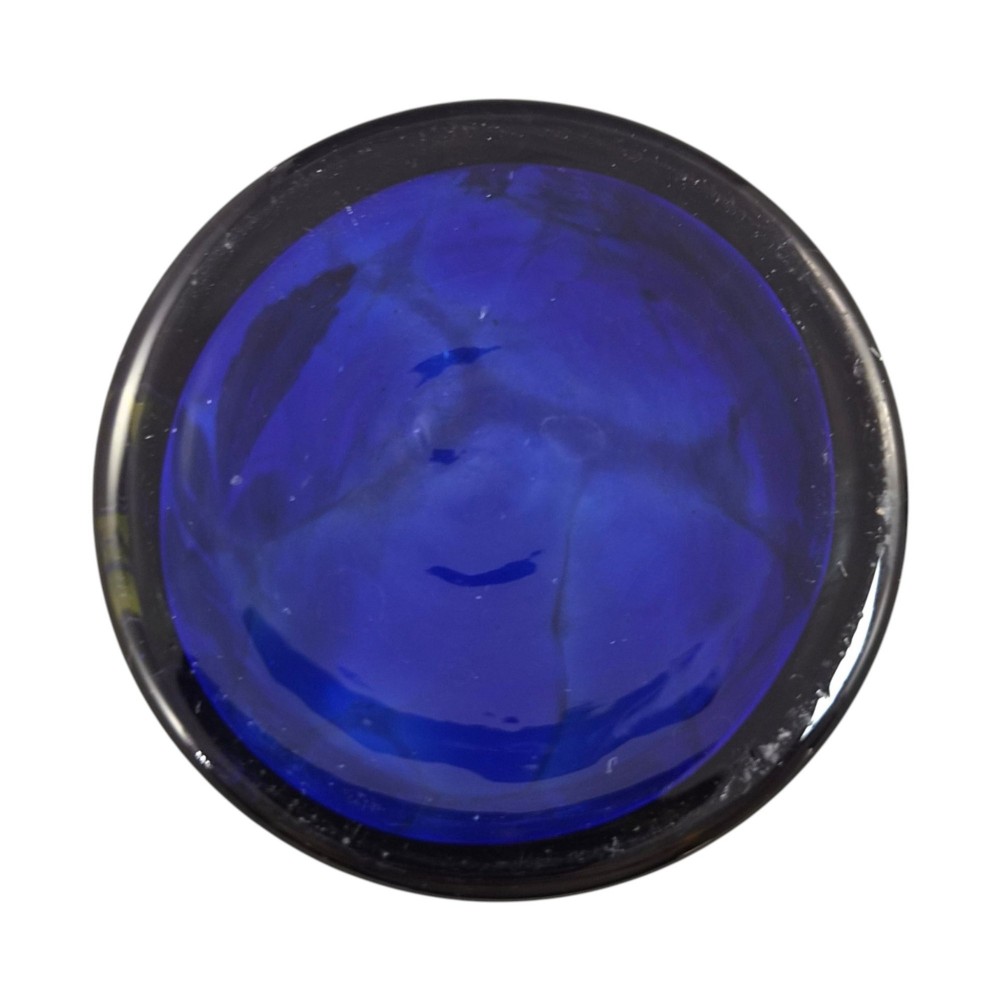 A cobalt blue glass vase and matching perfume bottle with stopper, both featuring intricate sterling silver floral overlay. View VII