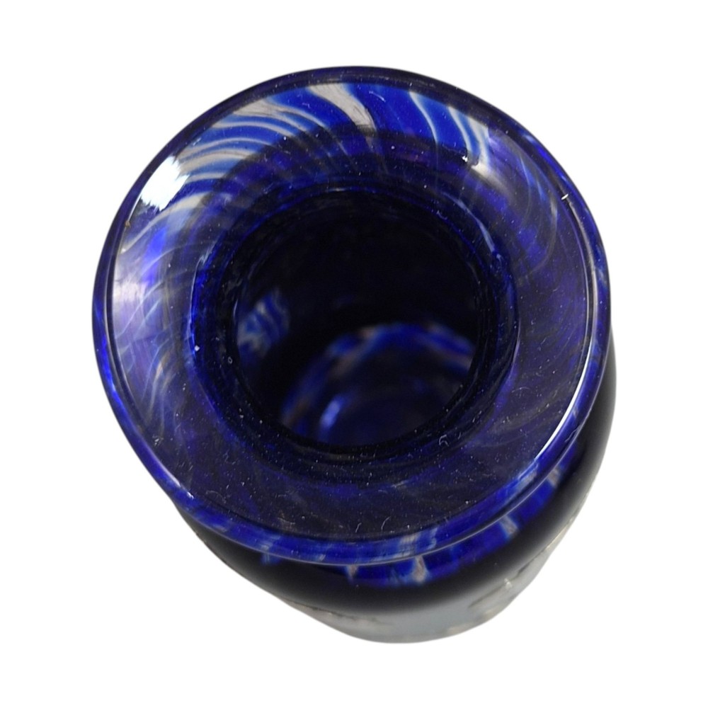 A cobalt blue glass vase and matching perfume bottle with stopper, both featuring intricate sterling silver floral overlay. View XI