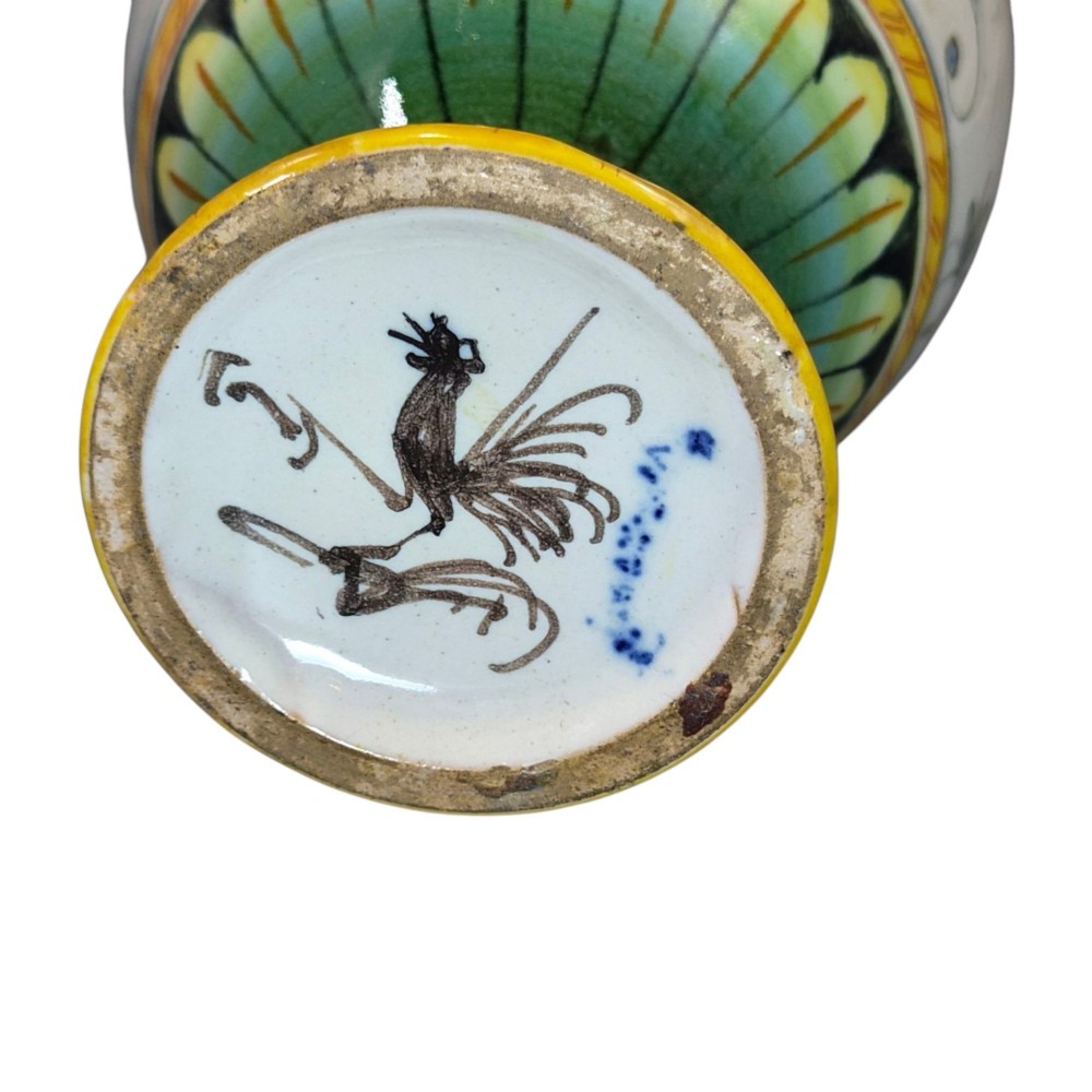 A pair of late 19th-century Italian Cantagalli tin-glazed majolica ceramic vessels, comprising a ruffled-rim vase and a sculpted ewer decorated with painted Renaissance grotesque motifs. View VIII