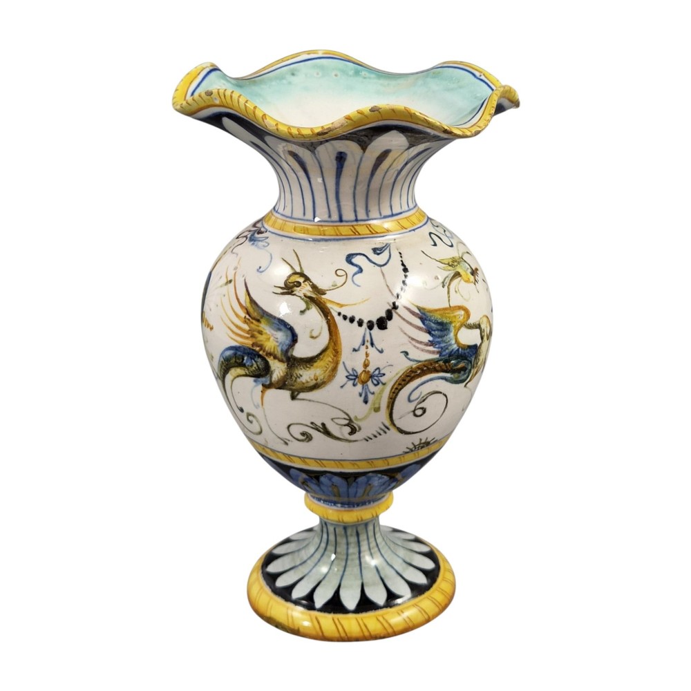 A pair of late 19th-century Italian Cantagalli tin-glazed majolica ceramic vessels, comprising a ruffled-rim vase and a sculpted ewer decorated with painted Renaissance grotesque motifs. View XI