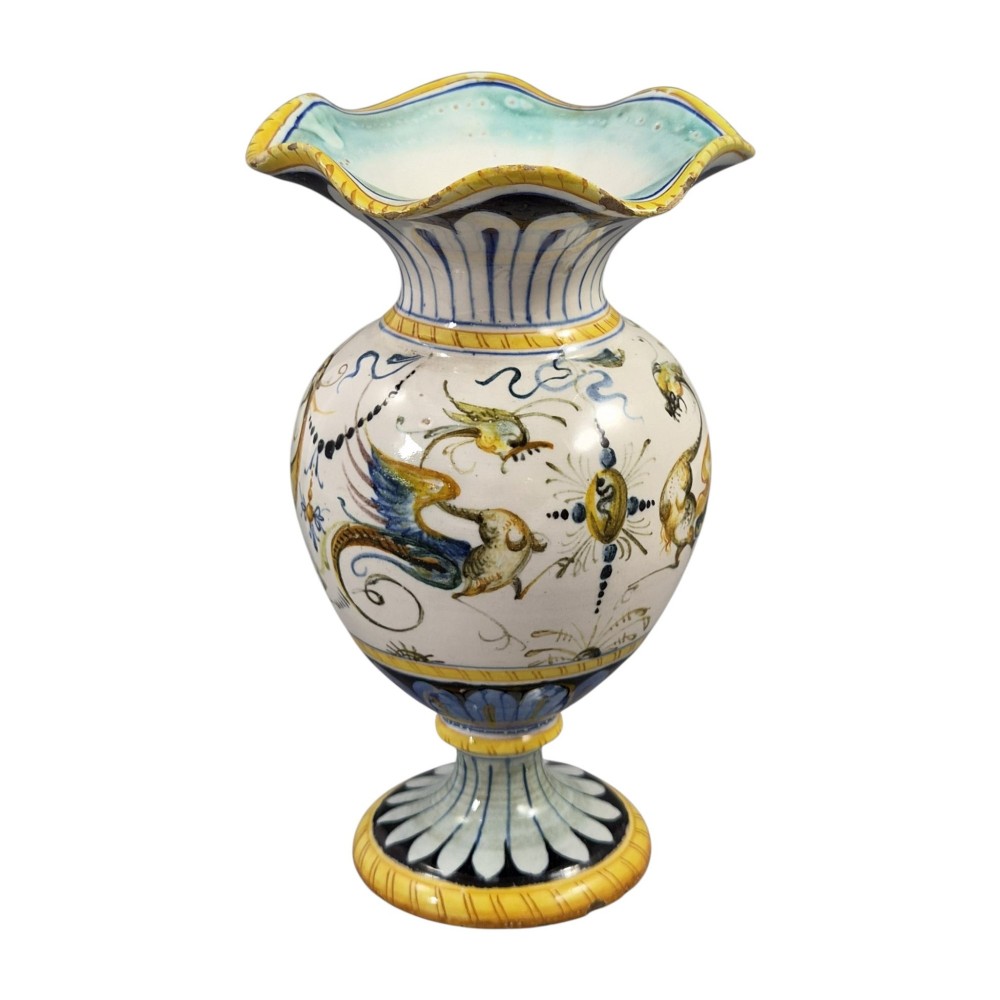 A pair of late 19th-century Italian Cantagalli tin-glazed majolica ceramic vessels, comprising a ruffled-rim vase and a sculpted ewer decorated with painted Renaissance grotesque motifs. View XII