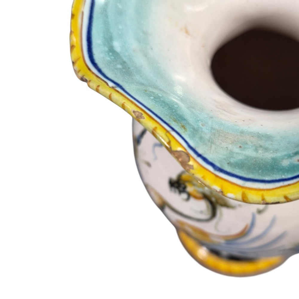 A pair of late 19th-century Italian Cantagalli tin-glazed majolica ceramic vessels, comprising a ruffled-rim vase and a sculpted ewer decorated with painted Renaissance grotesque motifs. View XV