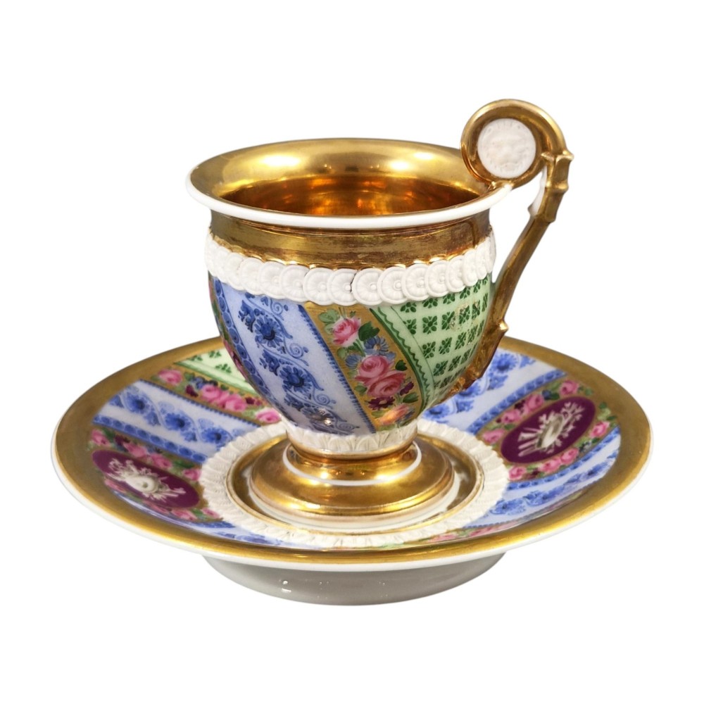 French Old Paris (Vieux Paris) Cabinet Cup and Saucer with Lion Mask Handle, c.1820