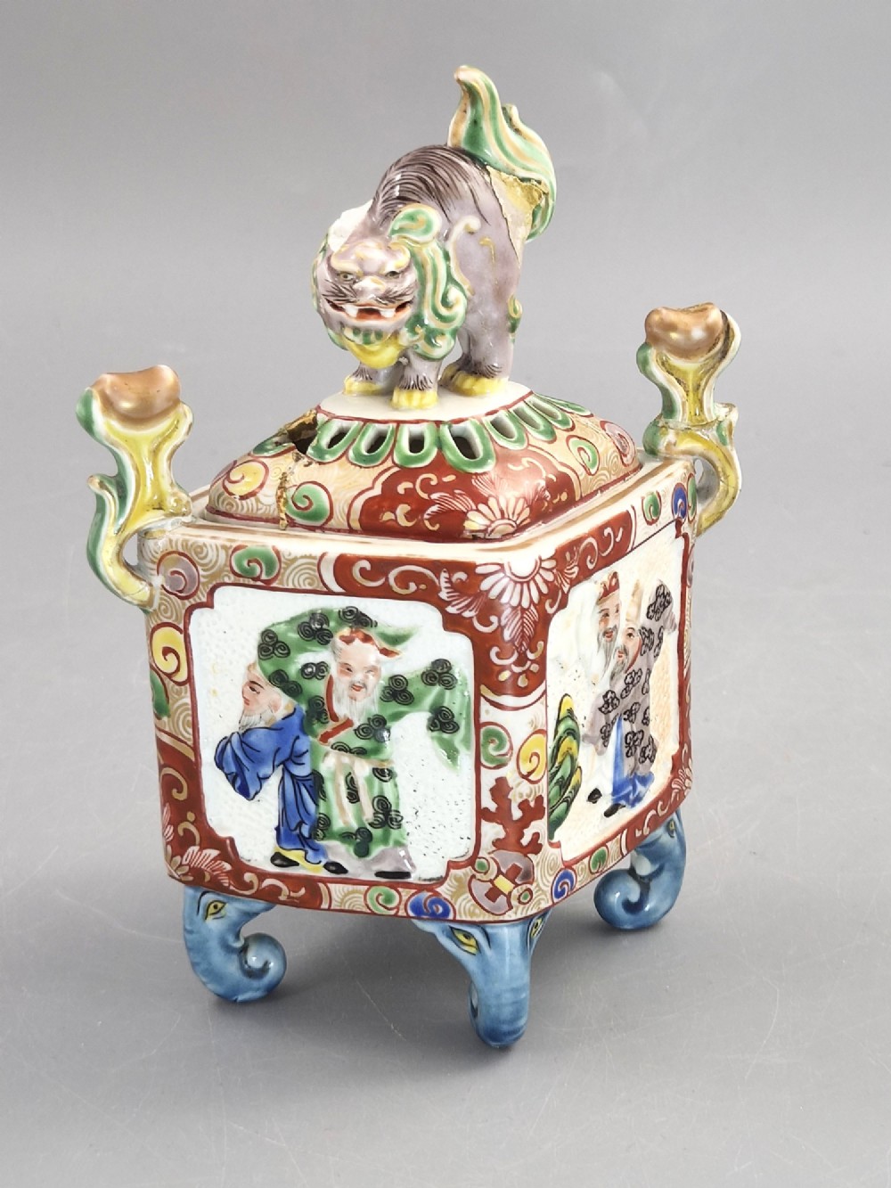 Japanese Kutani Porcelain Koro Incense Burner, Karashishi Finial and Elephant Head Feet, Meiji Period c.1890