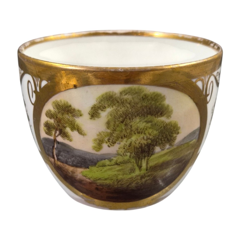 An early nineteenth-century KPM Berlin porcelain cabinet cup and saucer decorated with gilt foliage patterns and hand-painted landscape scenes. View VI