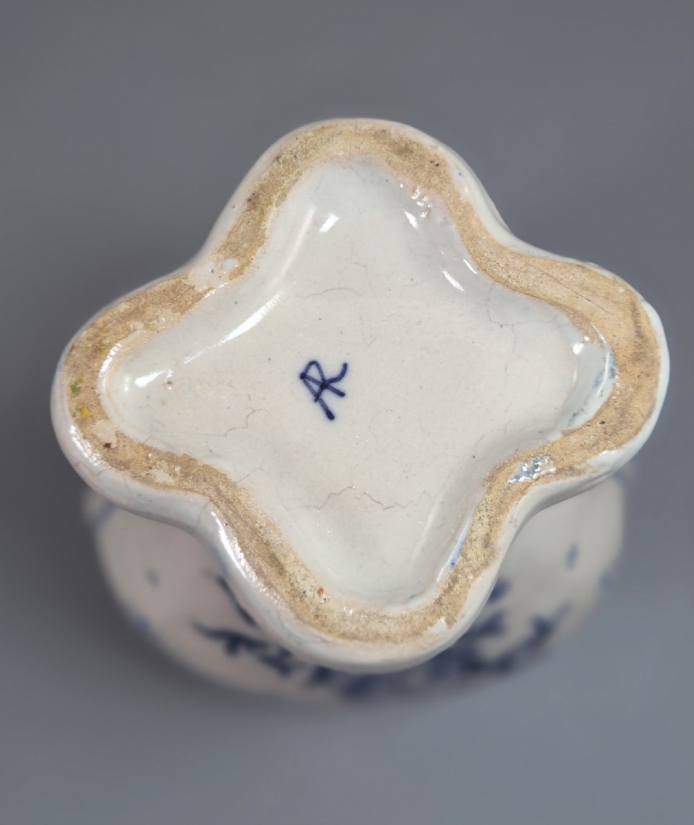 A pair of baluster-shaped blue and white hand-painted French faience vases featuring equestrian scenes and scrollwork motifs. View VIII